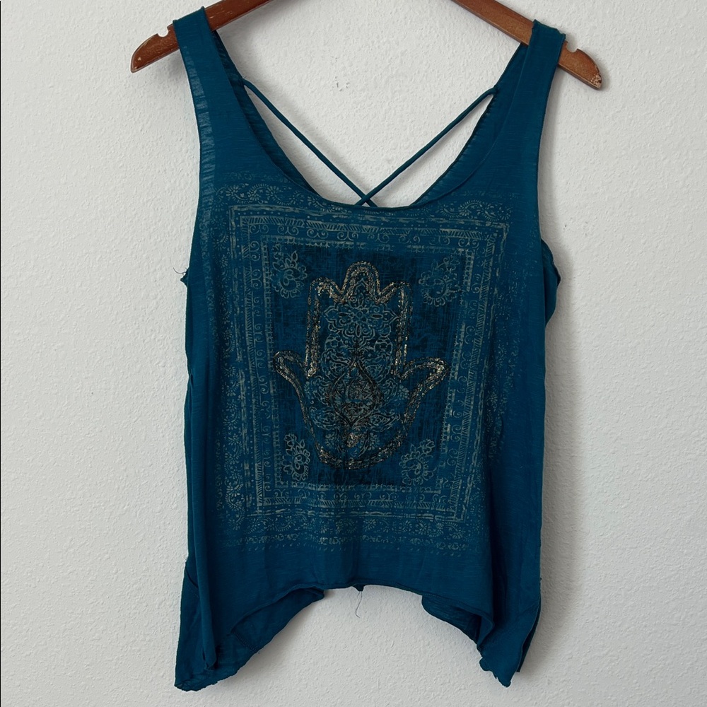 Maurices Teal Tank Top with Gold Boho Design